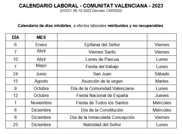 Calendario Laboral De La Comunitat Valenciana Centeco